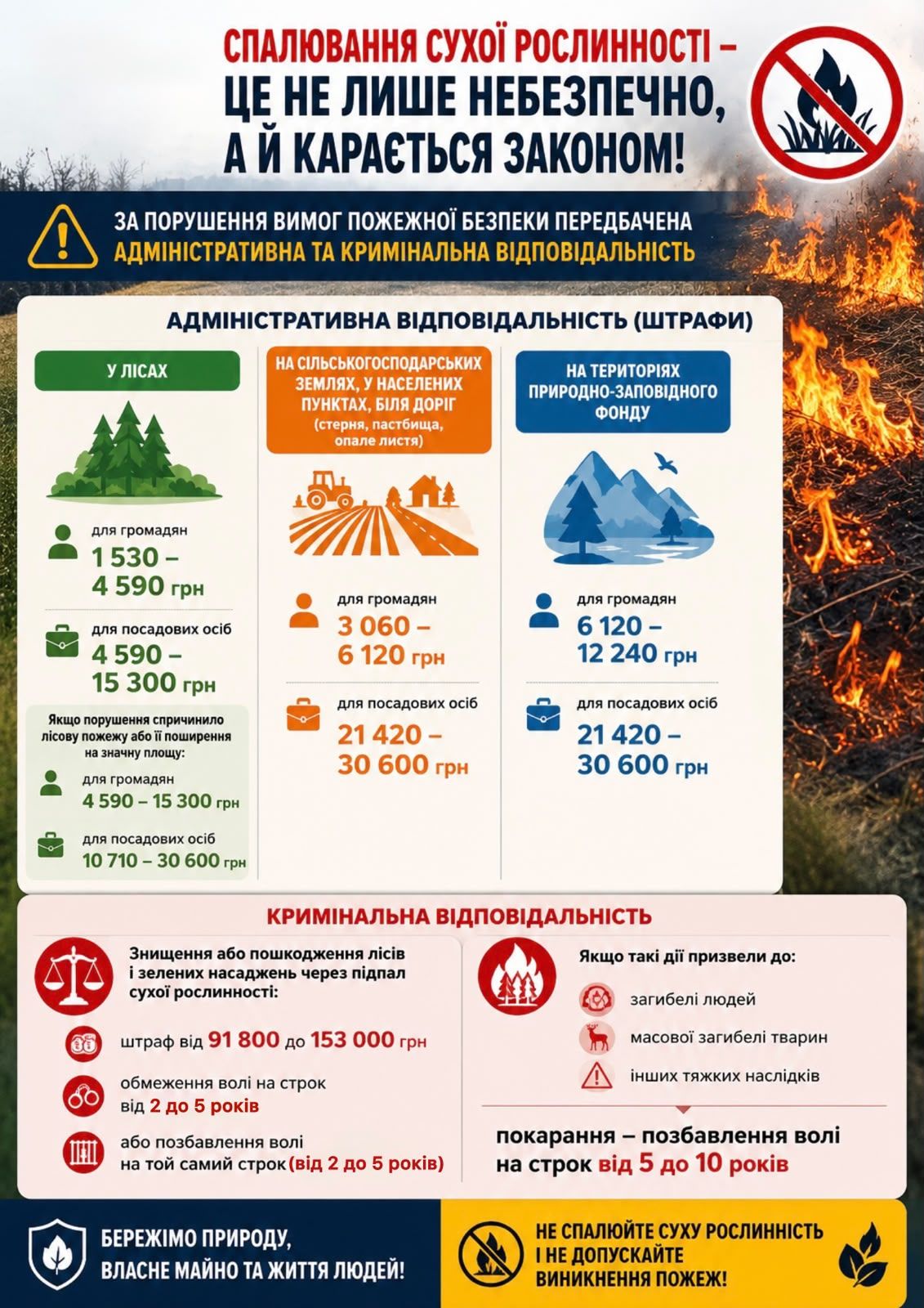  Спалювання сухої рослинності — це не лише небезпечно, а й карається законом