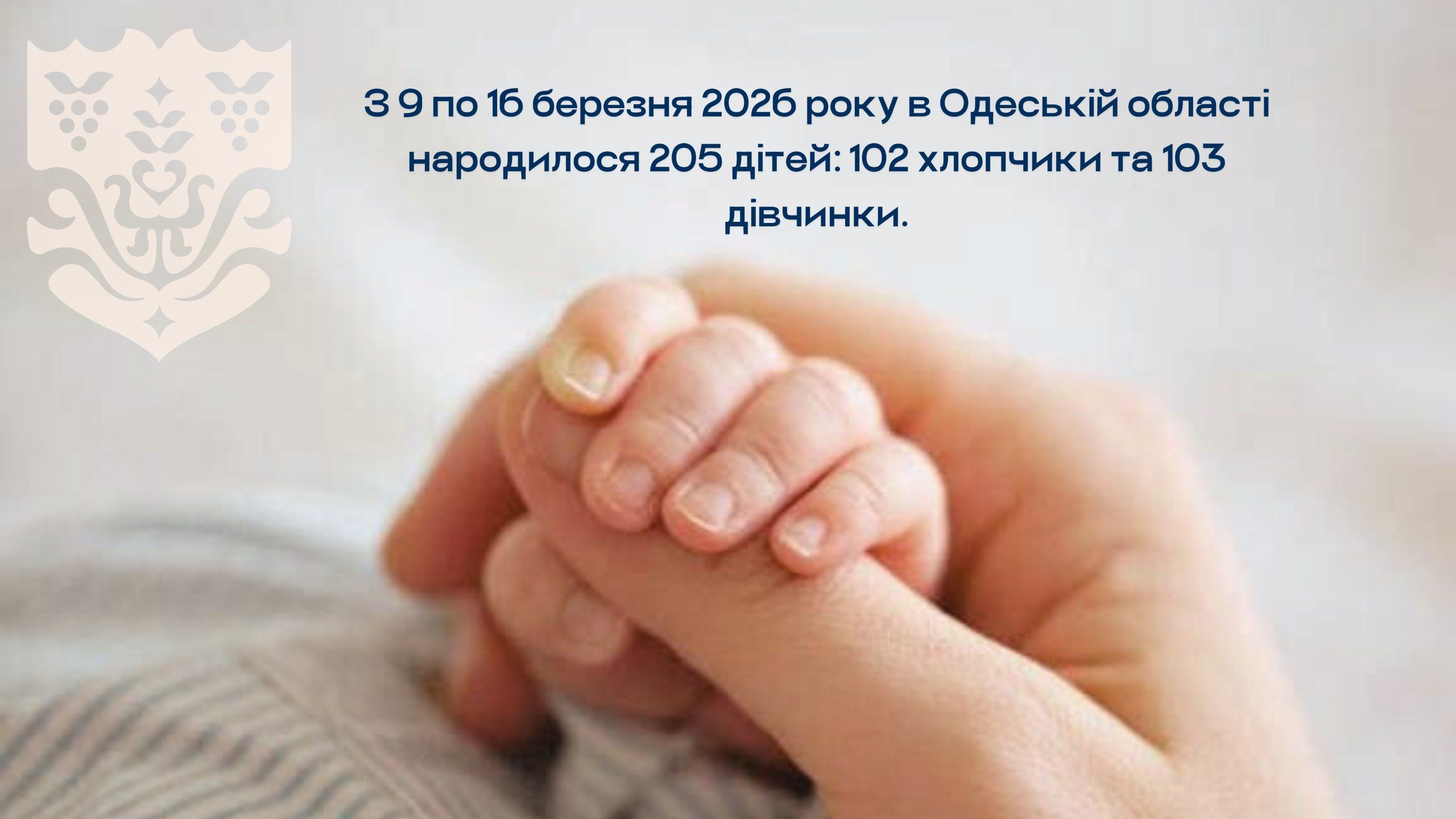 З 9 по 16 березня 2026 року в Одеській області народилося 205 дітей: 102 хлопчики та 103 дівчинки.