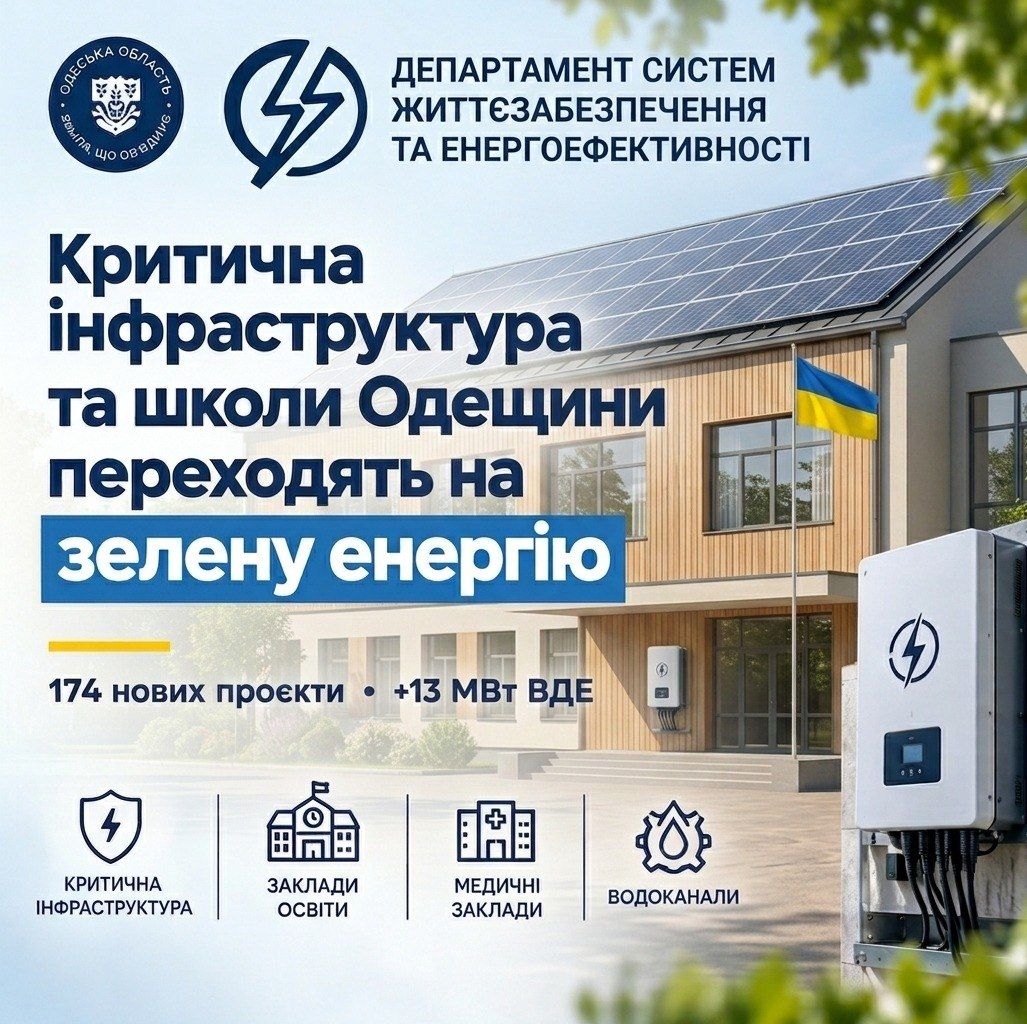 Критична інфраструктура та школи Одещини переходять на зелену енергію